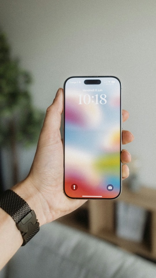 A hand holding a smartphone with a colorful lock screen
