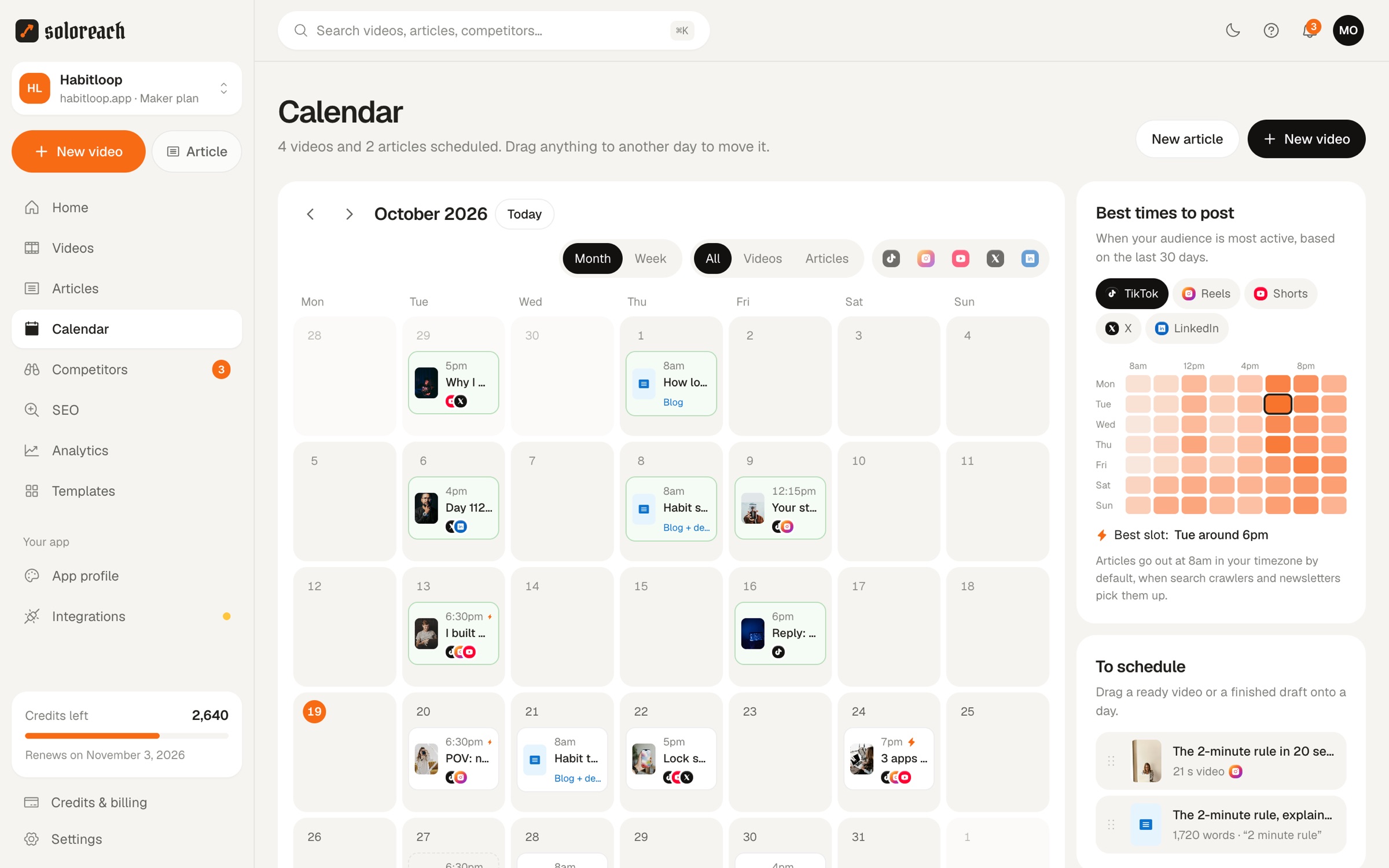 Soloreach calendar for October with scheduled articles and videos across accounts